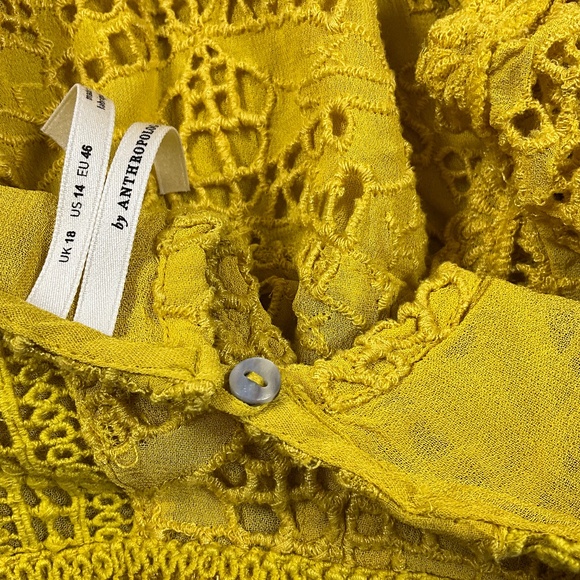 Anthropologie Yellow Lace Ruffle Blouse Women’s 14 Boho Chic Crochet Eyelet Top - Picture 8 of 12